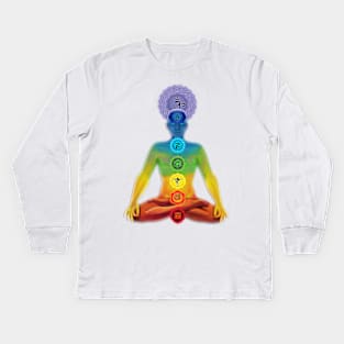 The illuminated man with chakras in the lotus position Kids Long Sleeve T-Shirt